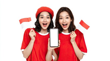 Two elated women hold Indonesian flags and a phone with a blank screen wearing matching red shirts