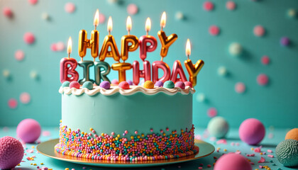 A vibrant birthday cake, adorned with lit candles spelling "Happy Birthday," rests atop a table, surrounded by colorful decorations on a vivid blue background.