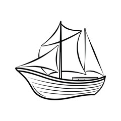 Black ink drawing of a sailing vessel with multiple sails sailing boat ship