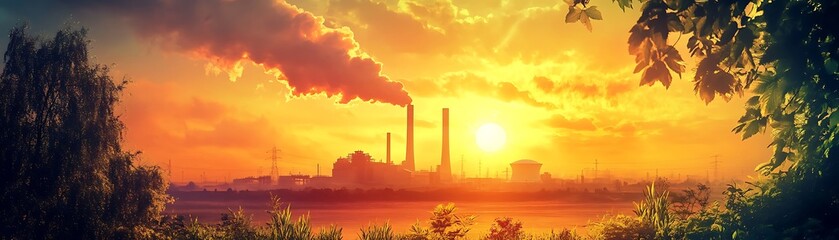 A factory emitting pollution with the setting sun in the background
