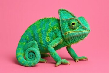 Fototapeta premium A vibrant green chameleon stands poised on a pink backdrop, its spirited eyes reflecting curiosity and alertness