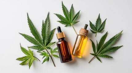Two tincture bottles amid cannabis leaves on white backdrop lit softly from above