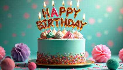 A delectable birthday cake adorned with vibrant candles and festive decorations.