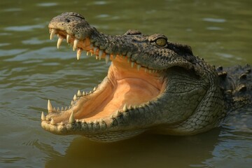 Obraz premium A crocodile's open mouth reveals its powerful teeth in a serene body of water