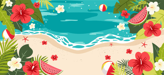 Colorful tropical beach banner with hibiscus flowers, watermelon slices, palm leaves, and sea waves. Perfect for summer sales, travel promotions, or seasonal backgrounds