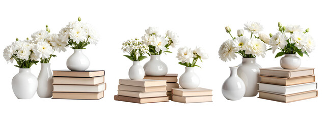 Minimalist Book Stack with White Flowers in Contemporary Vases