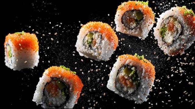 Sushi on a dark background. Fresh seafood and rice food. Bright sushi rolls with tuna and avocado in masago caviar. Japanese style food serving. Golden dragon sushi roll with crab flying on dark backg