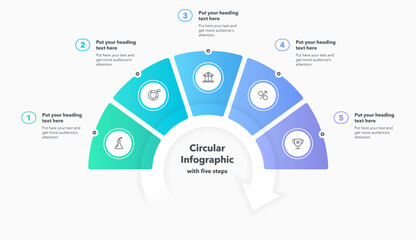 Circular infographic diagram divided into five options or steps. Flat modern design with minimalistic icons and place for your texts.