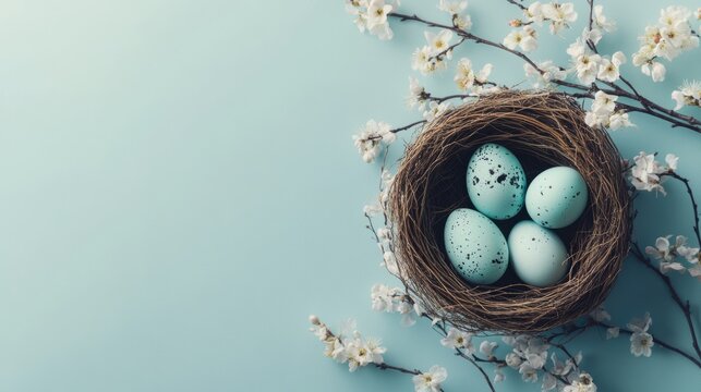 Decorative nest with blue eggs and blossoms on a pastel background