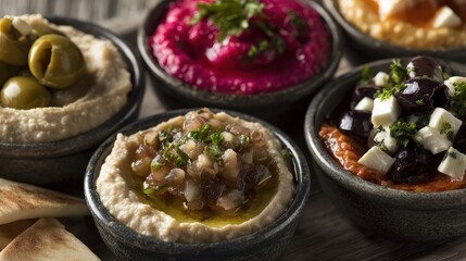 Turkish meze platter featuring hummus, pita bread, and various toppings