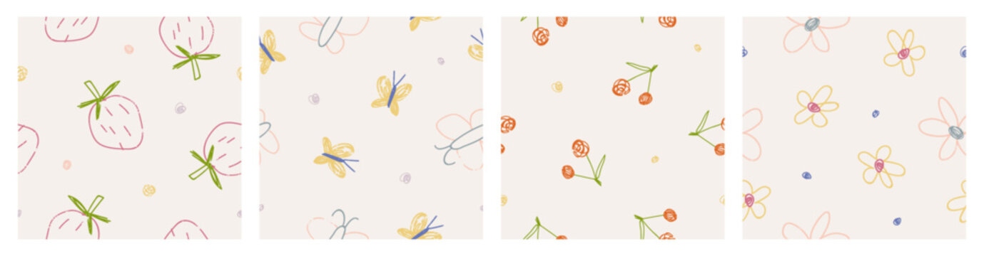 Kids drawings, seamless patterns set. Hand-drawn childlike doodles, scribbles, sketches, endless backgrounds. Repeating prints, flowers, berries, butterflies, cute nature. Flat vector illustrations