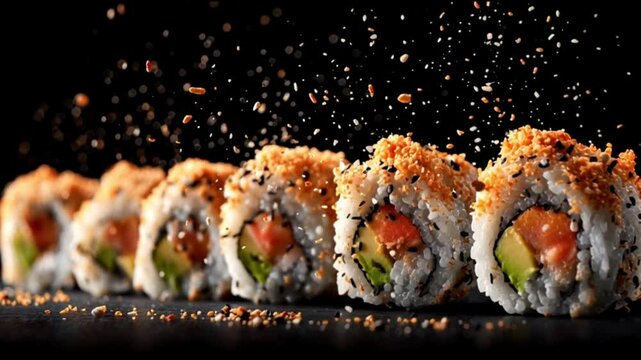Sushi on a dark background. Fresh seafood and rice food. Bright sushi rolls with tuna and avocado in masago caviar. Japanese style food serving. Golden dragon sushi roll with crab flying on dark backg