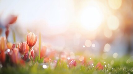 Bright spring morning with blooming tulips and soft sunlight on the grass