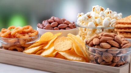 Fototapeta premium Snack Assortment: A visually captivating composition of an array of tempting snack delights, meticulously arranged to evoke the senses, featuring an array of crispy and savory treats.