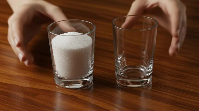 Video of a hand holding a glass filled with sugar and an empty glass, symbolizing diabetes and sugar-related health risks. Suitable for health ads, awareness campaigns, and medical content.