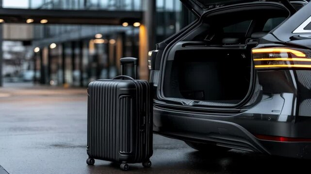 suitcase near the modern car with open trunk 