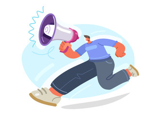 Announcement or promotion, marketing announce. Man is running with megaphone. Vector illustration