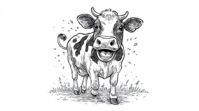 Funny running cow engraving sketch with cheerful face and open mouth isolated on white background