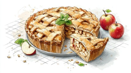 Freshly baked apple pie with lattice crust and apple slices on plate in sketch engraving style illustration