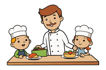 A friendly chef teaches two young children how to prepare delicious food at a kitchen table
