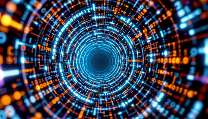 Fototapeta premium Digital tunnel with glowing blue and orange numbers and symbols spiraling into center, creating futuristic and dynamic effect