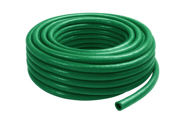 Green garden hose coiling neatly, supplying water for landscaping and plant care