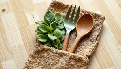 Eco friendly dining tools with wooden spoon and fork wrapped in burlap cloth with fresh green leaves on wooden table