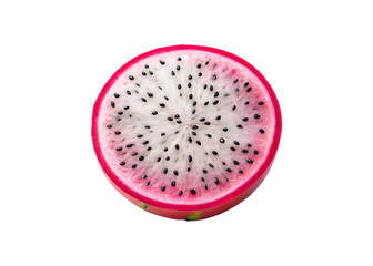 Close up of a vibrant pink dragon fruit slice with white flesh and black seeds isolated on transparent background