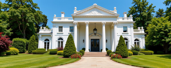 White luxury mansion exterior with grand columns and lush green garden under clear blue sky