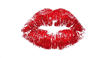 Red lipstick kiss print on white background with smudged textured edges in sensual minimal pop art style