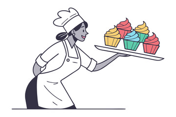 Smiling chef presents a tray of colorful cupcakes with swirled frosting in a whimsical illustration style