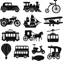 Vintage Transportation - Solid Black Silhouette EPS Vector Set on White Background
