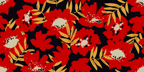 Hand drawn Red flowers on Black backgrounds, seamless patterns with floral for fabric, textiles, clothing, wrapping paper, cover, banner, interior decor.