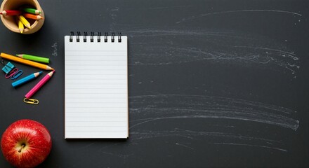 Back to School Blank Notebook, Colored Pencils, Apple, and Chalkboard Background - Perfect for Education, Learning, and Creativity