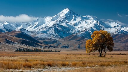 Golden tree and snowy mountain in fall landscape design

