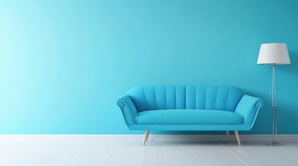 Teal sofa in a modern, minimalist living room.