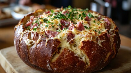 meat pie in bread with cheese dark background