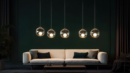 Modern living room with pendant lights.