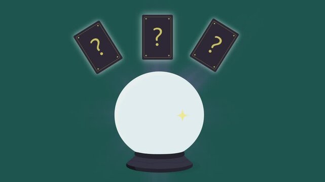 glowing crystall ball with tarot card hover above. Divination service