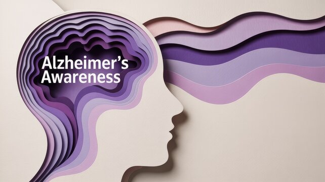 A layered paper-cut illustration of a human head with "Alzheimer's Awareness" text, symbolizing brain complexity and memory loss associated with Alzheimer's disease.