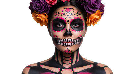 Portrait Of Woman with Sugar Skull Makeup and Flower Crown PNG