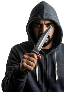 Isolated Portrait of Man in Hood Holding Knife with Threatening Eyes