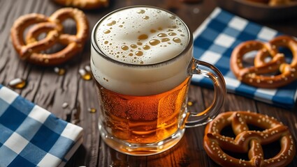 Close-up of a frothy beer mug with condensation, placed on a wooden table with pretzels and blue-checkered napkins, classic Oktoberfest style