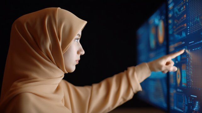 A woman in a hijab interacts with a high-tech digital screen displaying data analytics and graphs in a dark environment. - Powered by Adobe