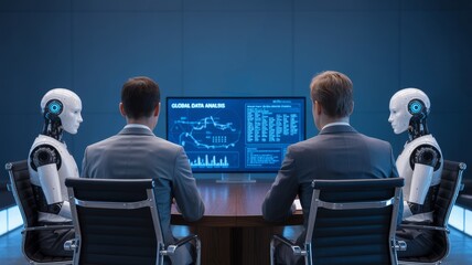 Two businessmen and two humanoid robots analyze global data on screens in a futuristic office setting.