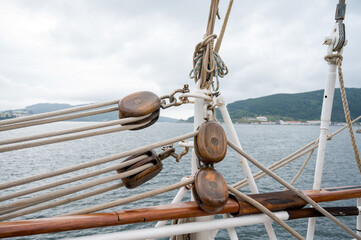 Close up view of a ship utils with ropes