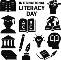  reading icons, writing tools, school symbols, literacy campaign,