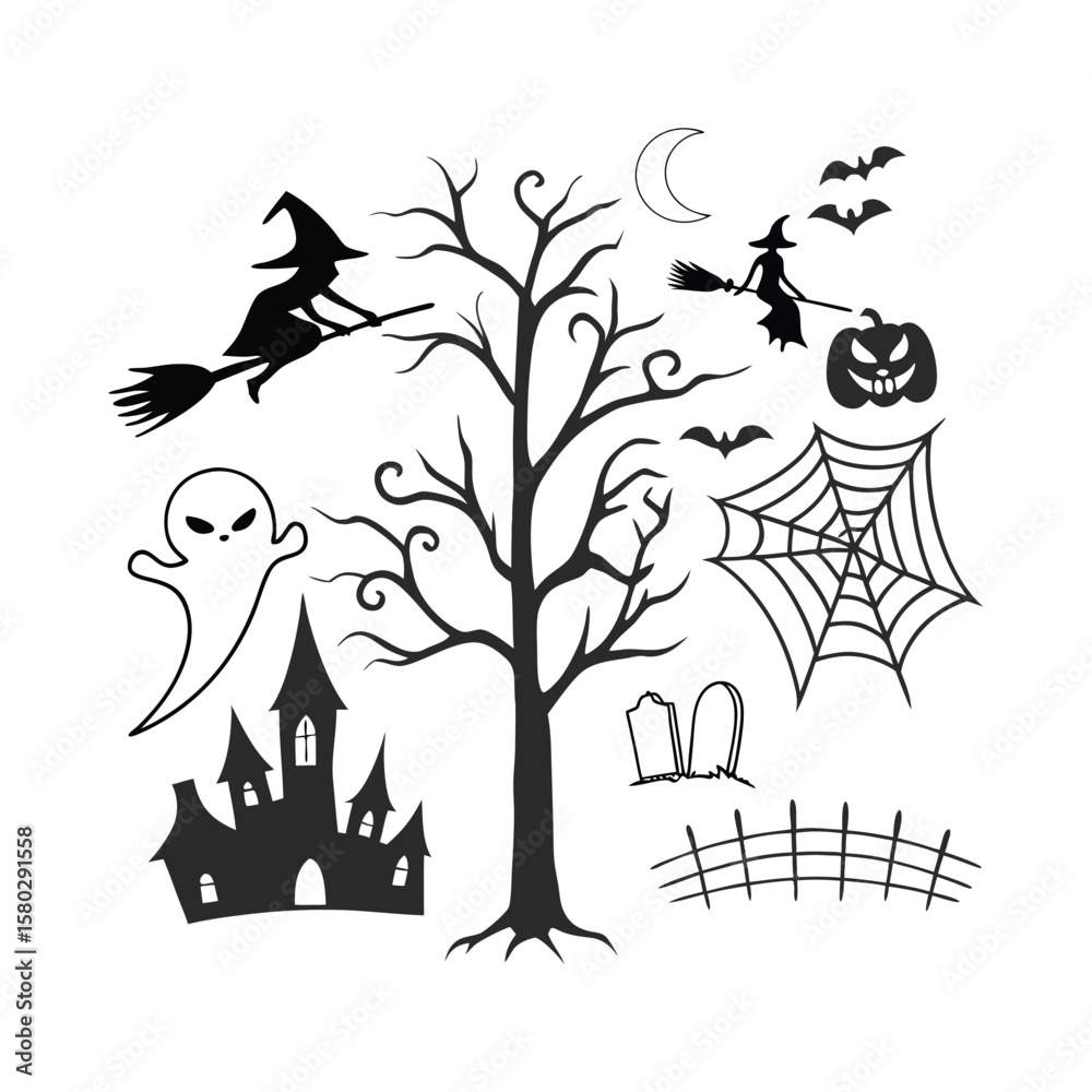 Fototapete halloween horizontal banner with vector logo. the inscription with ominous tree branches, bats and a