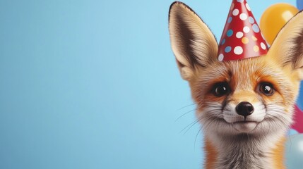 Obraz premium Fox in a party hat among colorful balloons, celebrating a joyful occasion