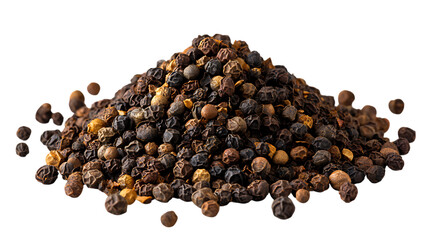A pile of whole black peppercorns isolated on transparent background